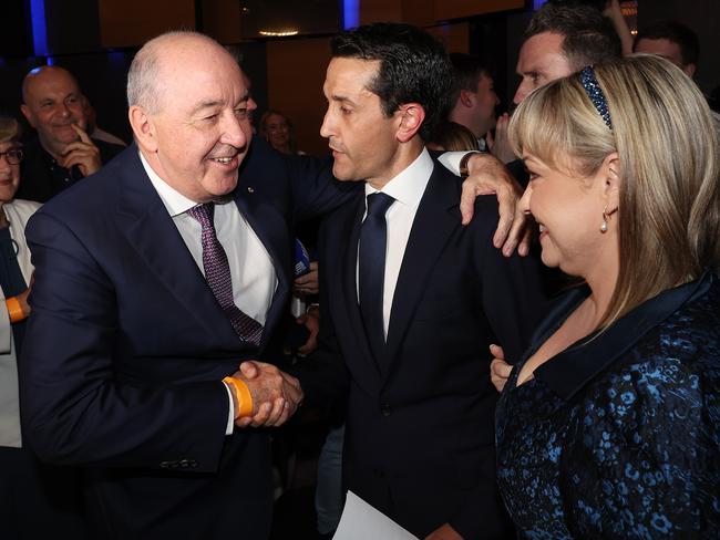 QLDVOTES24 QLDVOTES24 Leader of the Opposition David Crisafulli with wife Tegan and Former Premier Rob Borbidge at the LNP election party, W Brisbane. Picture: Liam Kidston