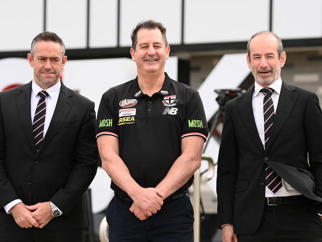 Simon Lethlean, Ross Lyon and Andrew Bassat at St Kilda’s headquarters. Picture: Getty Images