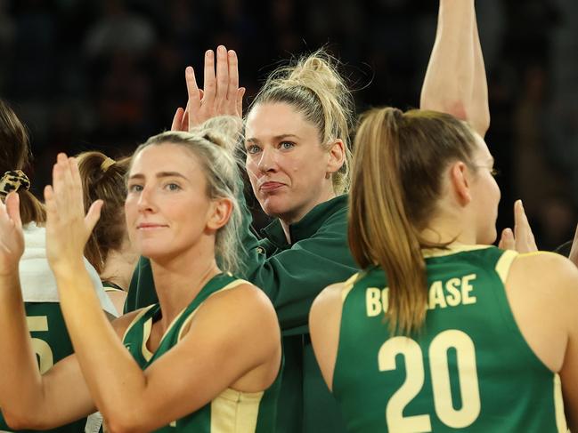 MELBOURNE, AUSTRALIA - JULY 05: Lauren Jackson of the Opals celebrates with team mates during the game between the Australia Opals and China at John Cain Arena on July 05, 2024 in Melbourne, Australia. (Photo by Kelly Defina/Getty Images)