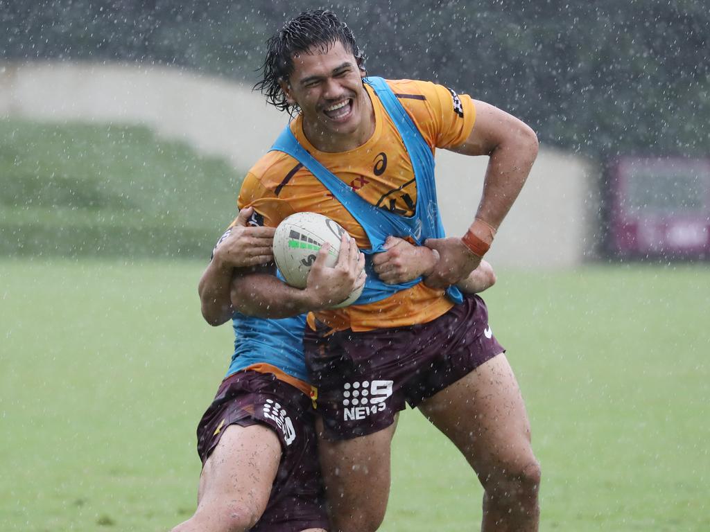 Brendan Piakura at Broncos training. Picture: Annette Dew