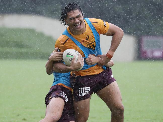 Brendan Piakura at Broncos training. Picture: Annette Dew