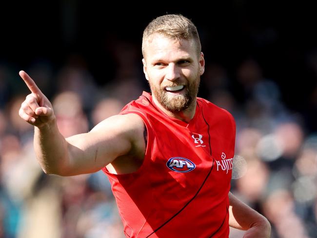 ADELAIDE, AUSTRALIA - MAY 07: Jake Stringer of the Bombers celebrates a goal during the 2023 AFL Round 08 match between the Port Adelaide Power and the Essendon Bombers at Adelaide Oval on May 7, 2023 in Adelaide, Australia. (Photo by Sarah Reed/AFL Photos via Getty Images)