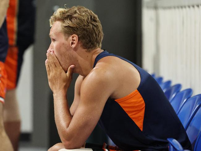 Cairns Taipans player Kyle Adnam sits out training with an injured knee at the Cairns Basketball Stadium ahead of the NBL Blitz pre season tournament on the Gold Coast. Picture: Brendan Radke