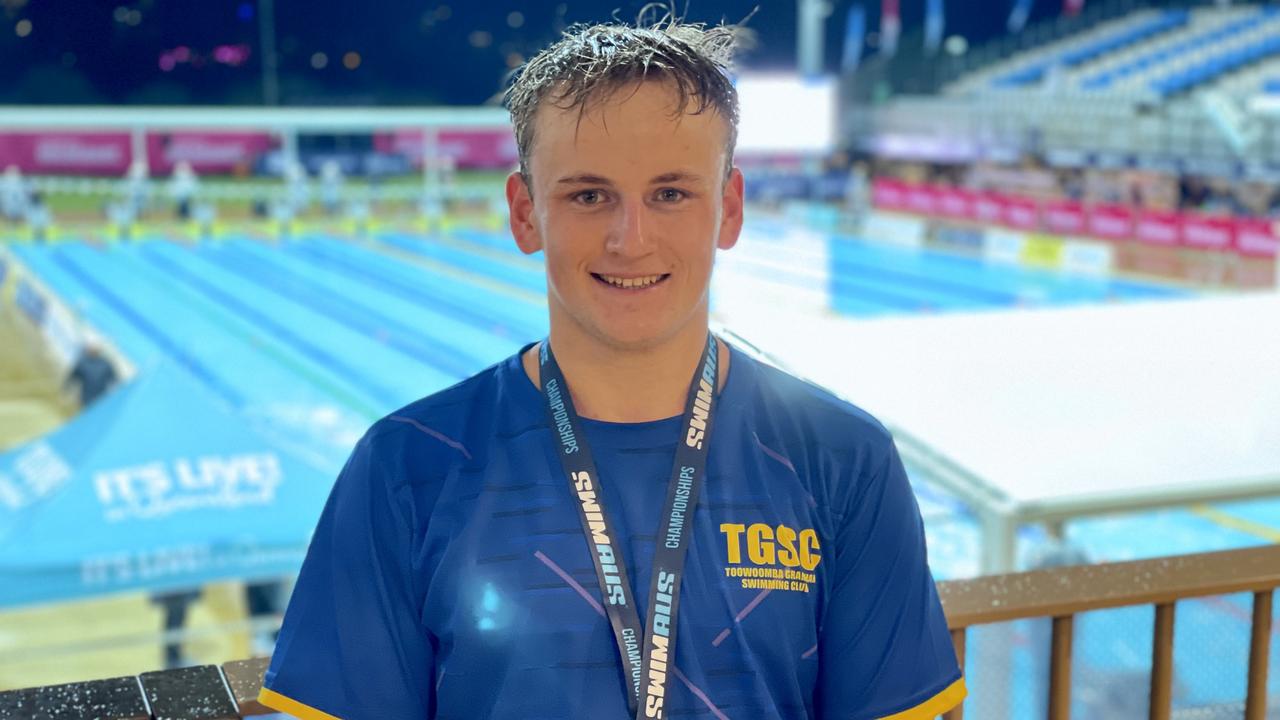 Lachlan McNamee proudly wearing his bronze medal he won at the 2023 Australian Swimming Age Championships Gold Coast titles. Picture: Contributed.