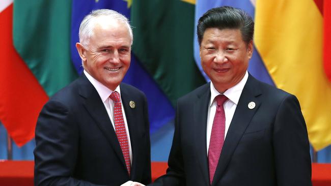 Malcolm Turnbull and China’s President Xi Jinping in 2016. Picture: AP Photo