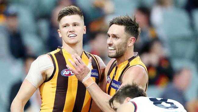 Jack Gunston (right) is among a raft of inclusions to Hawthorn’s forward line in 2024 which Mitch Lewis (left) believes can drive a finals push. Picture: Sarah Reed