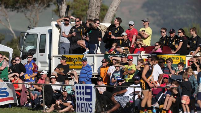 Some fans found a high vantage position to take in the action. at Aldinga Oval. Picture: Tait Schmaal