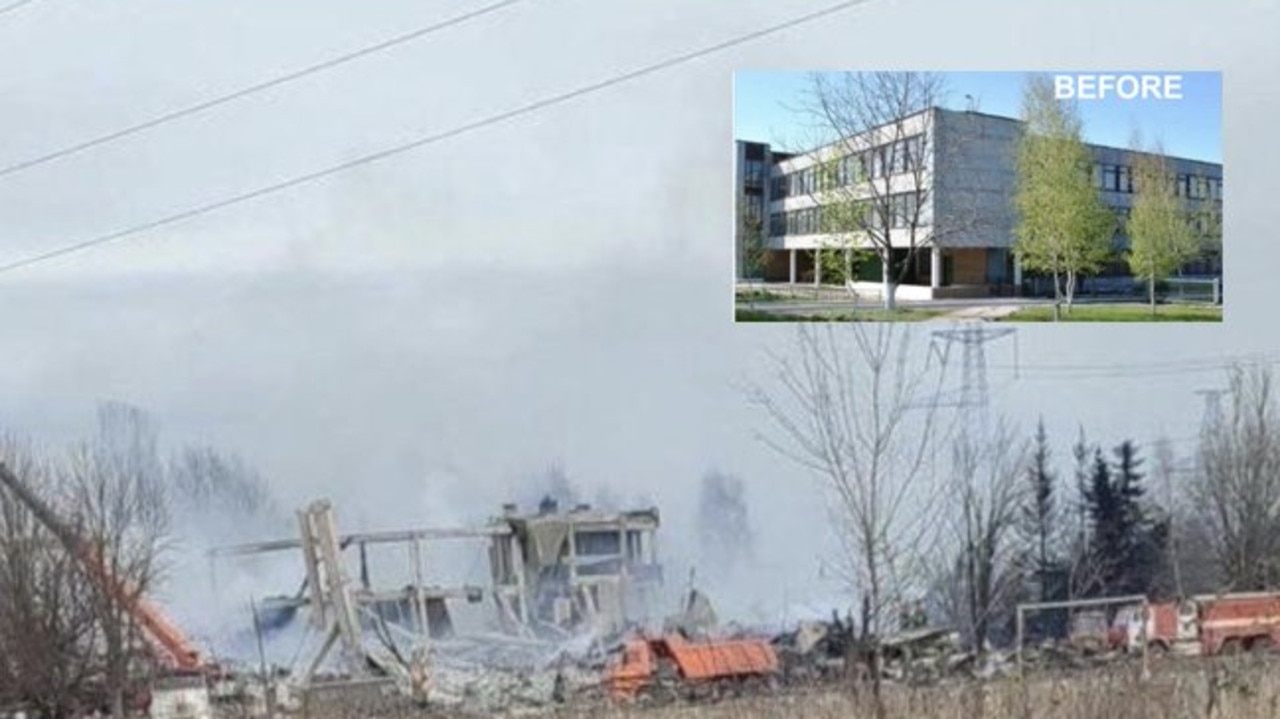 Before and after image of the Ukrainian New Year 2023 strike on the Russian base at Makiivka in Russian occupied Ukraine which killed at least 89 soldiers.