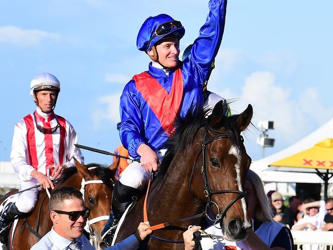 Zaaki, ridden by James McDonald, wins the Group 1 Doomben Cup at Doomben on May 22, 2021. Picture: Grant Peters/Trackside Photography,