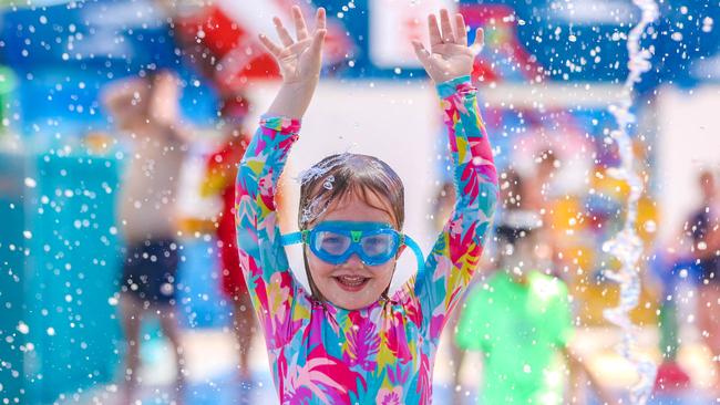 Lola Fitzgerald, 5, at the Leanyer Water Park. Picture: Glenn Campbell