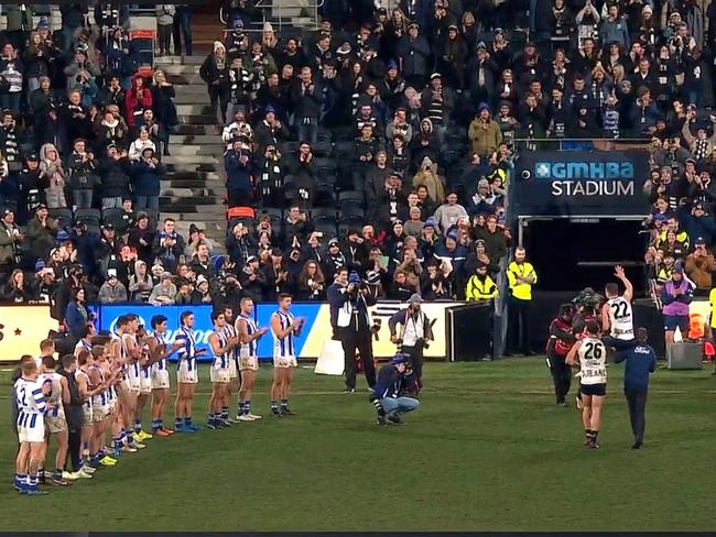 North Melbourne cheers Mitch Duncan. Photo: Fox Footy.