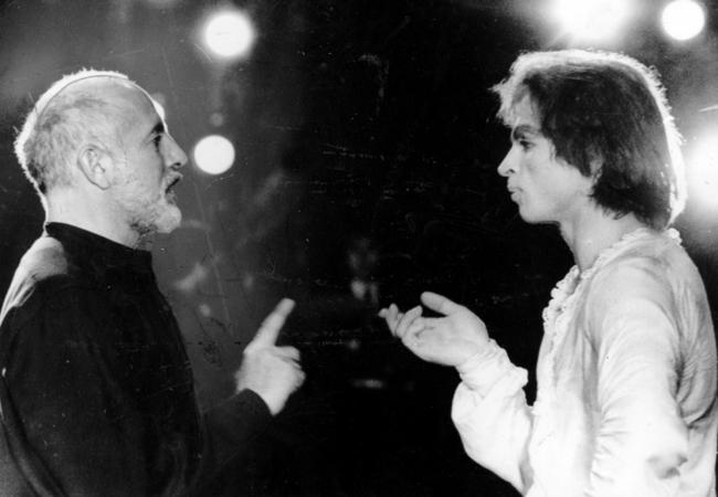 Jerome Robbins talks to soloist Rudolf Nureyev during rehearsals for The Royal Ballet in London in 1970.