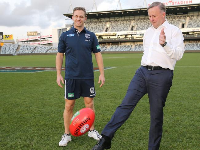 Anthony Albanese visits Simonds Stadium where he once kicked a Sherrin with Geelong Captain Joel Selwood. Picture: Mike Dugdale