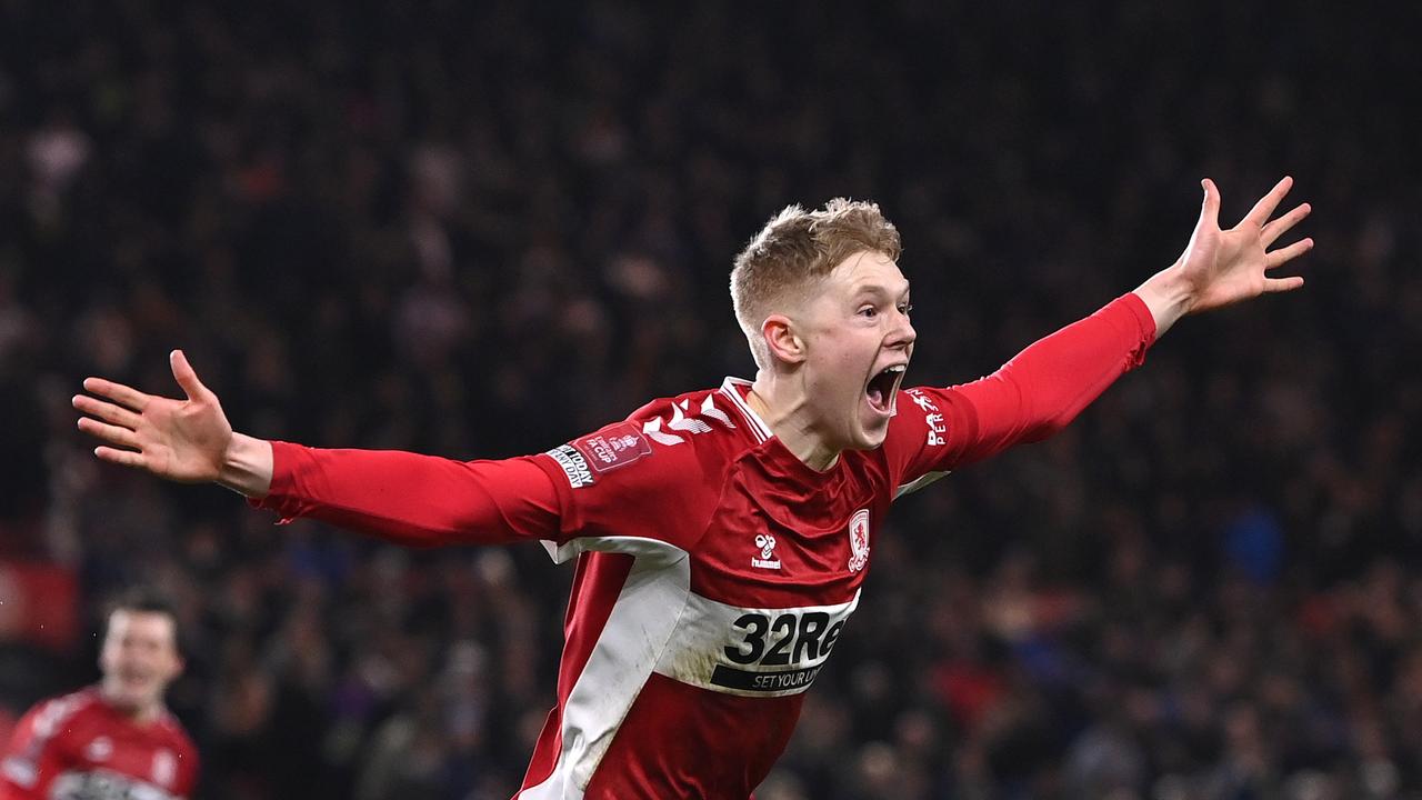 Josh Coburn of Middlesbrough celebrates after scoring the winner against Spurs. (Photo by Stu Forster/Getty Images)