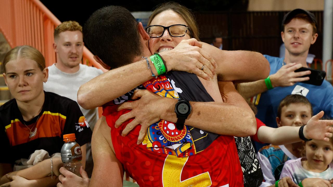 Rory Atkins of the Suns celebrates during the 2023 AFL Round 11 match between the Gold Coast Suns and the Western Bulldogs at TIO Stadium. (Photo by Michael Willson/AFL Photos via Getty Images)