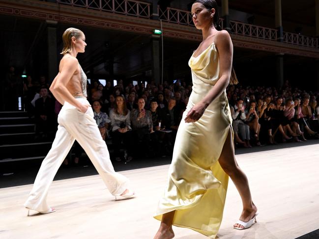 Models parade outfits by Australian label Michael Lo Sordo during the 2023 Melbourne Fashion Festival. Picture: William West/AFP