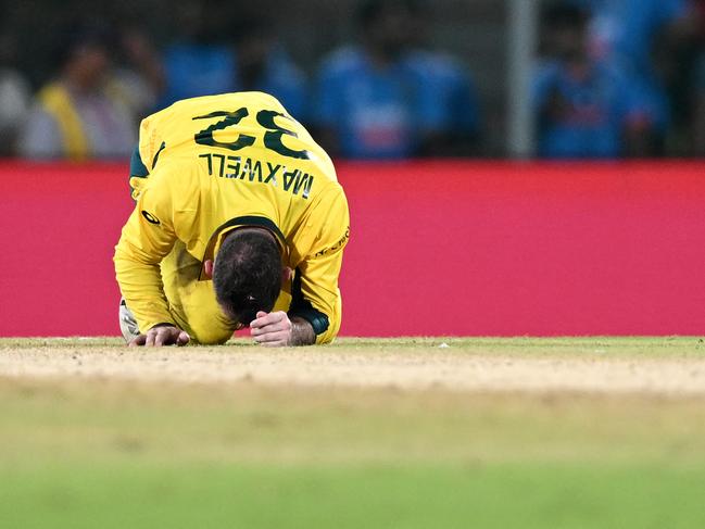 Australia's Glenn Maxwell reacts during the 2023 ICC Men's Cricket World Cup one-day international (ODI) match between India and Australia at the MA Chidambaram Stadium in Chennai on October 8, 2023. (Photo by R.Satish BABU / AFP) / -- IMAGE RESTRICTED TO EDITORIAL USE - STRICTLY NO COMMERCIAL USE --