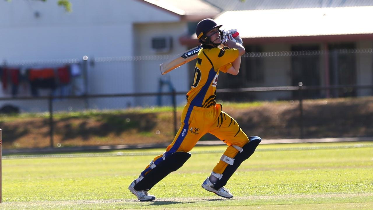 A typical lofted shot down the ground by Norths opening batsman Aidan Firman. Photo: Gyan-Reece Rocha