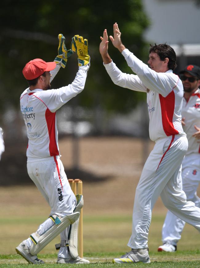 Wanderers against Norths at Murray. Norths Adam Zabala and Ryan McCarron celebrate wicket. Picture: Evan Morgan