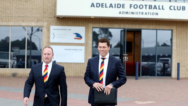 Despite poor results on the AFL fields last season, Adelaide Football Club chairman Rob Chapman and chief executive Andrew Fagan, were able to report a profit for the fourth consecutive year. Picture: Sarah Reed.