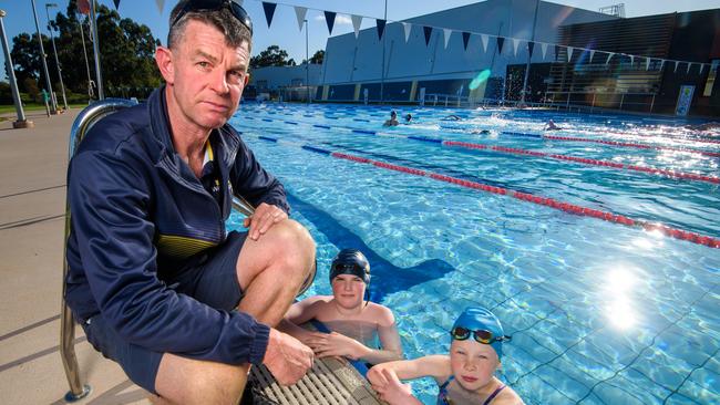 Swimming instructor, Paul Myers with students Jesse (11) and Maddie (10) at Warragul Leisure Centre swimming pool. Picture: Jay Town.