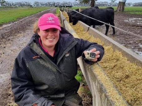 Lilli Stewart at Te Mania Angus found a GoPro on the farm this week that had fallen out of a hot air balloon in 2019. Picture for The Weekly Times.