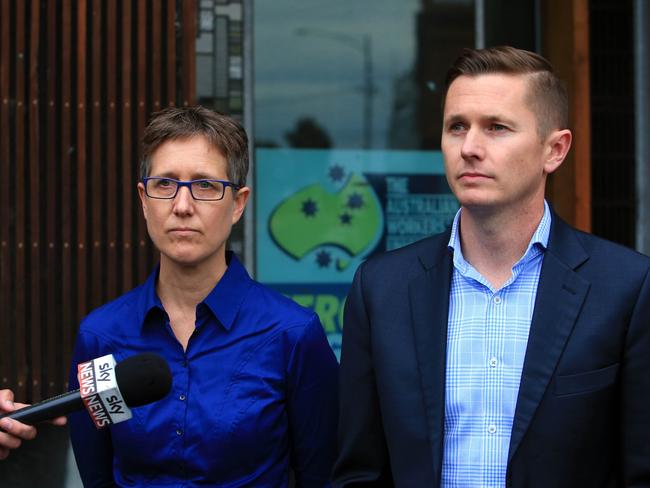 AWU national secretary Daniel Walton and secretary of the Australian Council of Trade Unions, Sally McManus as the raids were conducted. Picture: Aaron Francis/The Australian