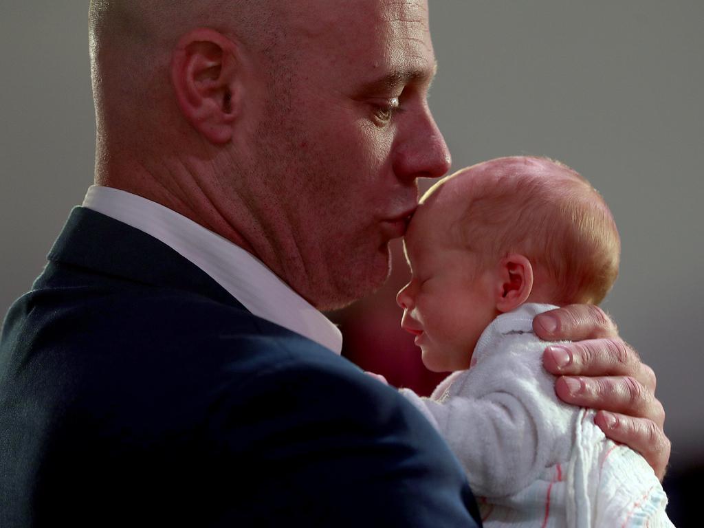 Lara Gidding’s partner Ian Magill with five-week-old Natasha. Picture: SAM ROSEWARNE