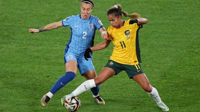 Lucy Bronze of England and Mary Fowler of Australia compete for the ball during the FIFA Women's World Cup semi-final match. Picture: Elsa/FIFA via Getty Images