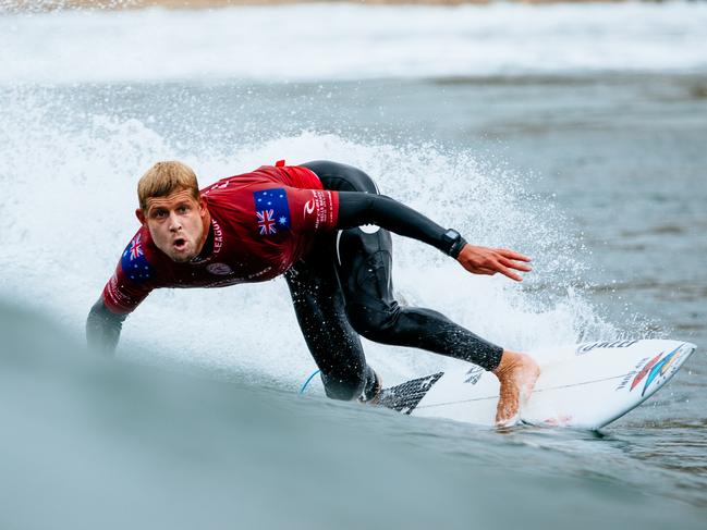 Mick Fanning surfing at Bells Beach in 2018 before his retirement.