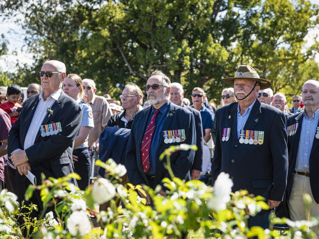 Les Hillberg (front, right) stands with fellow veterans at Toowoomba's Anzac Day mid-morning service at the Mothers' Memorial, Thursday, April 25, 2024. Picture: Kevin Farmer