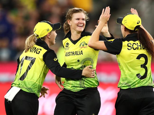 Jess Jonassen celebrates dismissing Radha Yadav of India during the ICC Women’s T20 Cricket World Cup inal win. Picture: Cameron Spencer/Getty