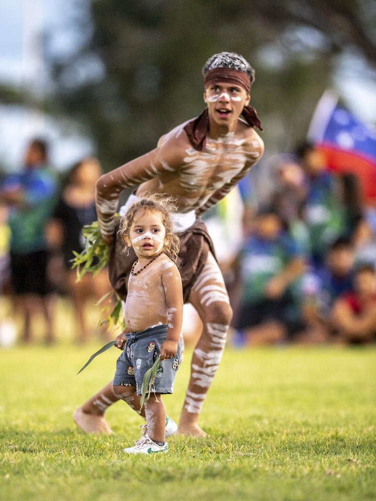 Niyardu McCarthy takes part in the smoking ceremony and dance by Murabirigururu Aboriginal Dancers. 2023 TRL Cultural Cup, SW Qld Emus vs Pacific Nations Toowoomba. Saturday, February 25, 2023. Picture: Nev Madsen.