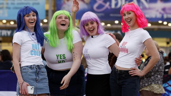 Katy Perry fans Ella Smith, 19, Mellisa Dean, 19, Lily Brown, 18, and Olivia James, 19, started queuing at 8am. Picture: Jonathan Ng