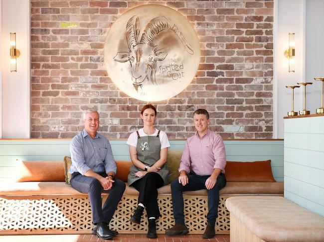 The Spirited Goat manager Rose Alcock (middle) with Knight Frank agents Paul Dury and Mark Fitzgerald at the new strand location. Picture: Shae Beplate.