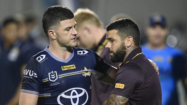 MACKAY, AUSTRALIA – FEBRUARY 26: Chad Townsend of the Cowboys and Adam Reynolds speak together after the NRL Trial match between the North Queensland Cowboys and the Brisbane Broncos at BB Print Stadium on February 26, 2022 in Mackay, Australia. (Photo by Ian Hitchcock/Getty Images)