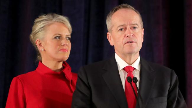 Bill Shorten makes his concession speech, with wife Chloe, on election night function in Melbourne. Picture: Stuart McEvoy