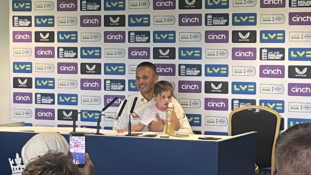 Usman Khawaja with daughter Aisha in the post-play press conference on Day 2 of the First Ashes Test at Edgbaston.