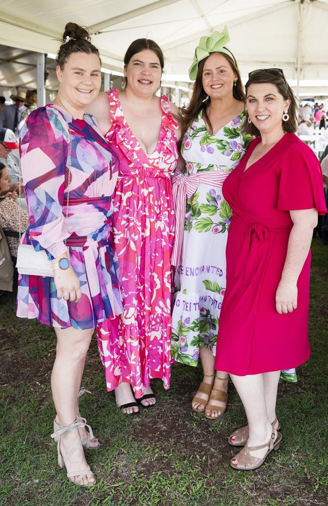 At the Clifton Races are (from left) Lauren Thomas, Makeelie Dowton, Alexandra Baird and Sarah Rossiter, Saturday, October 28, 2023. Picture: Kevin Farmer