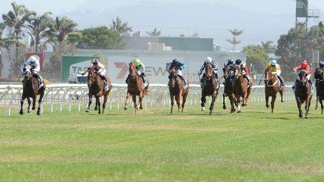 Gold Coast race meeting at Bundall. Race 4 Winner No 4 Calabria ridden by jockey Jag Guthmann-Chester on the left side. Picture: Lawrence Pinder