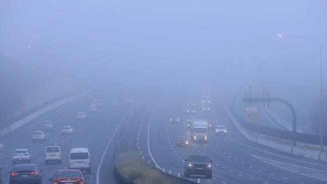 Road alerts were issued for commuters because of the heavy fog which reduced visibility. Photo NewsWire Scott Powick