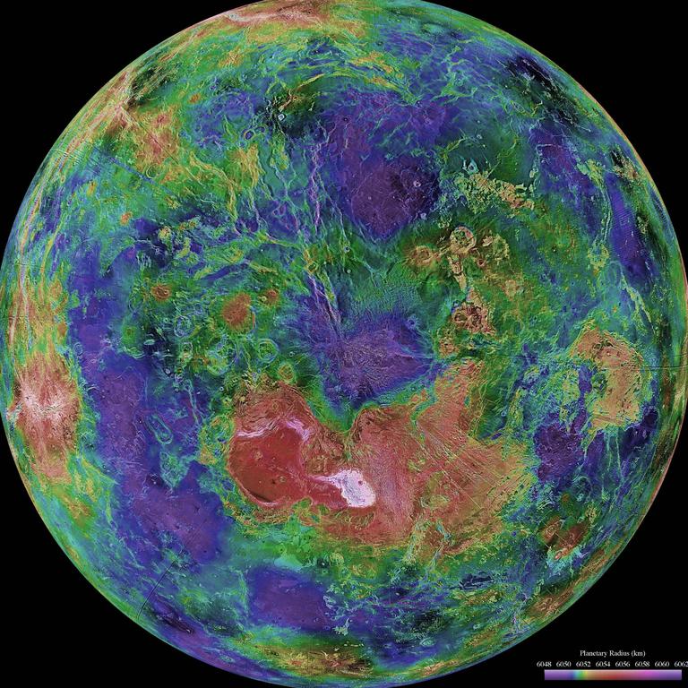 This NASA image obtained 07/01/2011 shows a hemispheric view of Venus created using more than a decade of radar investigations culminating in the 1990-1994 Magellan mission and is centered on the planet's North Pole.