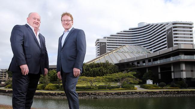 Echo Entertainment Queensland boss Geoff Hogg and Probuild’s Queensland managing director Peter Ward at Jupiters Hotel and Casino. Picture: Richard Gosling