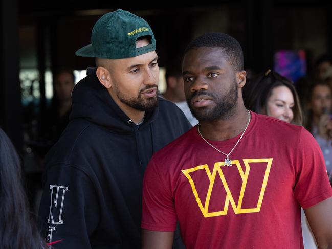 Nick Kyrgios and Frances Tiafoe on the QT Rooftop on Thursday. Picture: Jason Edwards