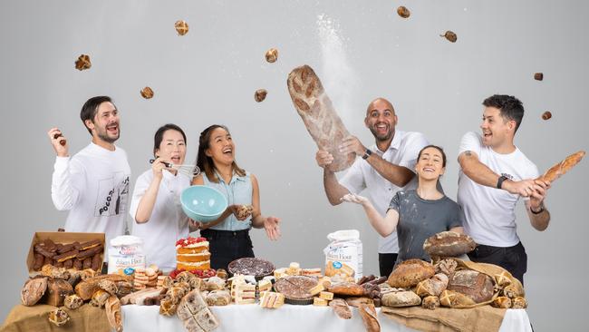 Melbourne bakers Brice Antier, April Yoonhee Bae, Patti Chimkire, Franco Villalva, Audrey Allard and Gareth Whitton.. Picture: Jason Edwards