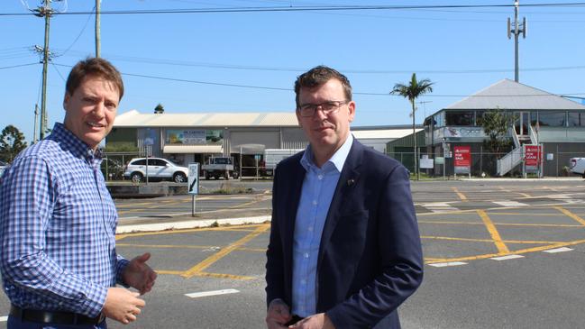 Member for Bonner Ross Vasta and Federal Infrastructure Minister Alan Tudge at the notorious Lindum rail crossing. Picture: Supplied