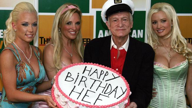 Early days: Kendra Wilkinson, left, Bridget Marquardt, second left and Holly Madison, right, at Playboy magazine founder Hugh Hefner’s 80th birthday in 2006. Picture: Francois Mori