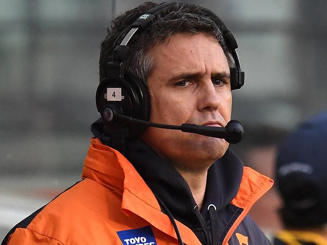 Coach of the Giants Leon Cameron is seen during the Round 23 AFL match between the Melbourne Demons and the Greater Western Sydney (GWS) Giants at the MCG in Melbourne, Sunday, August 26, 2018. (AAP Image/Julian Smith) NO ARCHIVING, EDITORIAL USE ONLY