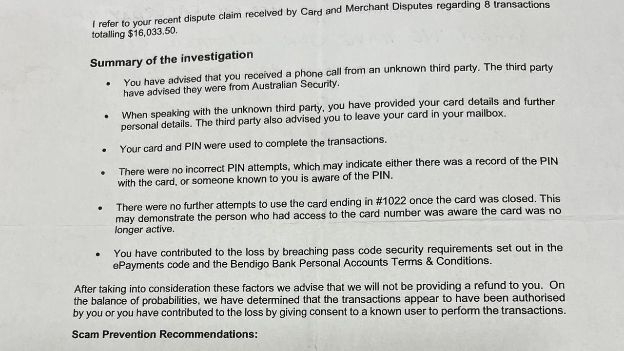 The letter sent from Bendigo Bank. Picture: Supplied