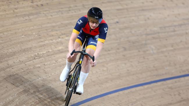 Chloe Moran races in the Elite Women Points Race Final during the 2024 Aus Cycling Track National Championships at Anna Meares Velodrome on March 04, 2024 in Brisbane, Australia. Picture: Chris Hyde/Getty Images.